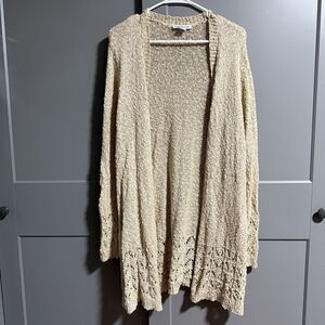 Coldwater Creek Pointelle Intrigue Popcorn Crochet Knit Open Front Cardigan Med